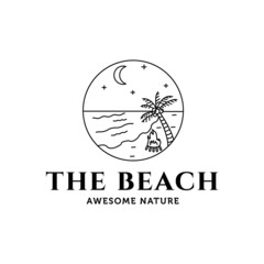 moonlight star beach palm tree line art minimalist logo vector illustration design, the beach logo design