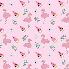 Fototapeta premium Summer bright pattern with pink flamingo and watermelon on a pink background.