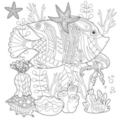 Contour linear illustration. Fish, seaweeds and ocean corals for coloring book. Cute objects, anti stress picture. Line art design for adult or kids in zentangle style and coloring page.