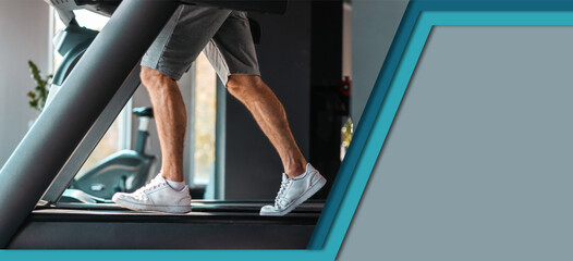 Athletic man training on a treadmill. Close up of feet and equipment. Banner of fitness with copy space and mock up