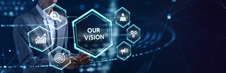 Business, Technology, Internet and network concept. Young businessman working on a virtual screen of the future and sees the inscription: Our vision