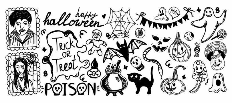 Cute set for Halloween. Hand-drawn doodle-style elements. Monochrome. Collection of vector drawings for All Saints' Day: pumpkin, ghost, magic objects, cat, voodoo doll, etc.