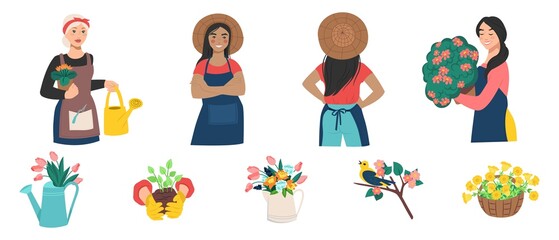 Women florists caring for flowers and the garden. Garden gloves and tools, spring plants and flowers. Vector illustration.