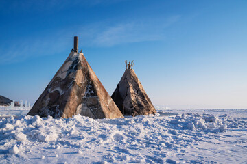 Dwelling of the indigenous peoples of the north of the Nenets on winter Baikal.