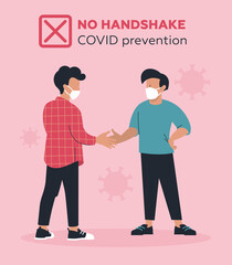 The men shake hands. A poster warning against shaking hands. Prevention of Covid. Vector illustration. 