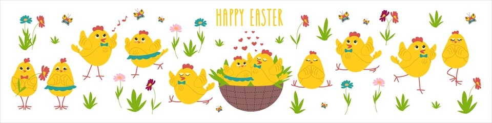 Cute Easter chickens set, Yellow chickens in different poses, a couple in love, doing yoga. Vector illustration.