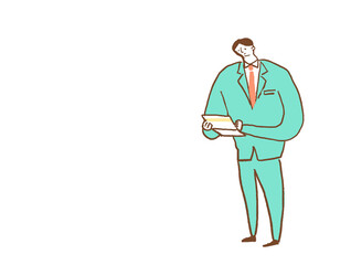 通帳を見るスーツの男性、カラー（横、右配置）
