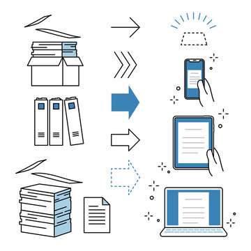 ペーパーレス・書類電子化のビジネスアイコンセット 書類の山と矢印とスマートフォン・タブレット・PCのデジタルデバイス