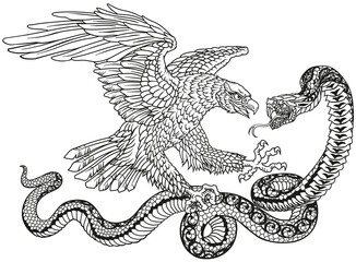 Eagle fighting with a snake serpent. Tattoo style vector illustration. Black and white 