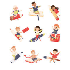 Little Kid Flying on Book and Pen Ready to Study Vector Set