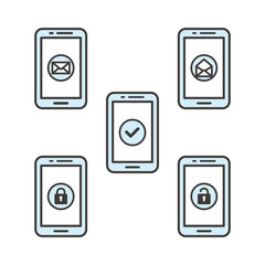 バリエーションのあるシンプルな線画の携帯電話のビジネスアイコンセット　水色