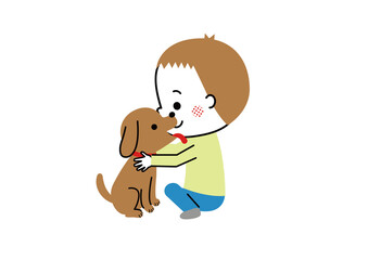 犬を抱きしめる男の子と男の子の顔をぺろぺろ舐める犬