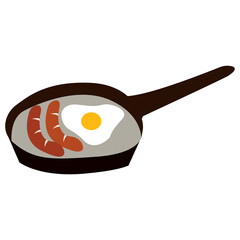 Flying pan with fried egg and sausages vector illustration in flat color design