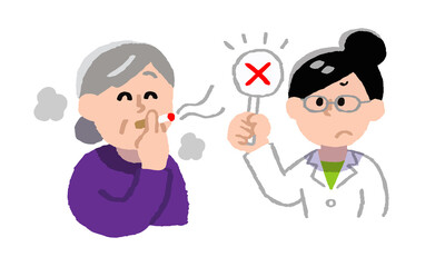 タバコを吸うシニア女性とドクターストップをかける女医