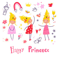 Little cute princess doodle collection. Vector childish illustration