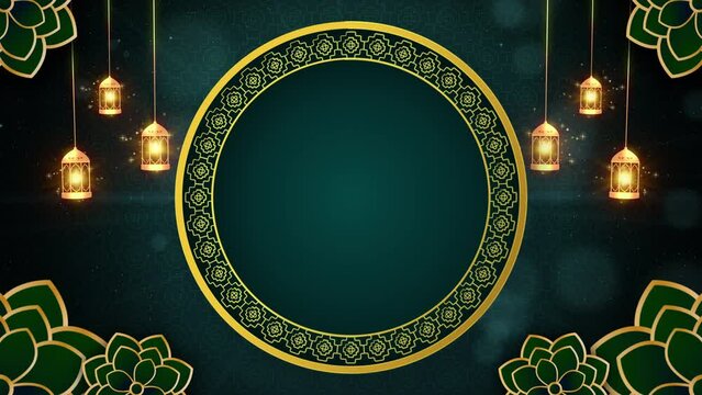 Green and gold color Eid mubarak islamic design concept with hanging ramadan candle lantern, Abstract background animation 4K