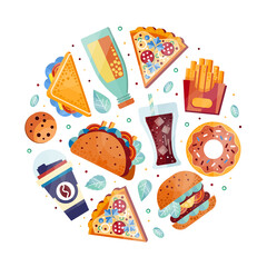 Fresh Fast Food and Drink Arranged in Circle Vector Template