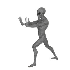 Humanoid alien shows stop gesture with hands. Isolated on white background. 3D rendering illustration.