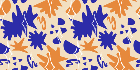 Abstract seamless pattern shape henry matisse with star and free form. Vector flat illustration design. Blue, orange on light background various figures. Contemporary seamless pattern