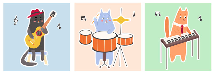 Fototapeta premium Set of Postcards with Cats Musicians Playing Musical Instruments - drums, guitar, piano. Collection of cute Kitty Stickers. flat illustration