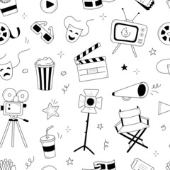 Movie, cinema vector pattern. Doodle hand drawn sketch style movie seamless pattern. Cinema elements for media production, festival, theater background. Vector illustration.