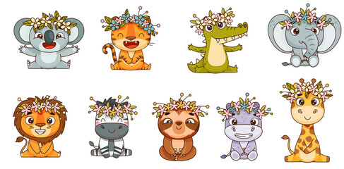 Set baby tropical animals sits with wreaths of flowers on their heads. Hippo, lion, elephant, giraffe, crocodile, zebra, sloth, tiger, koala. Vector illustration for designs, prints, patterns
