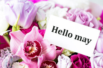 Hello May hand lettering card. Spring lilac flowers in envelope.