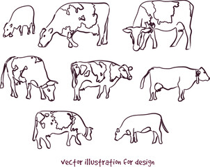 illustrations of cows in a meadow. Vector silhouette set 