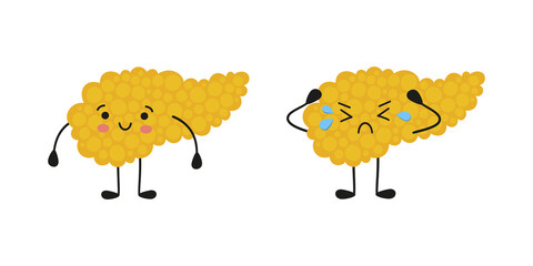 Happy and crying kawaii character of pancreas. Drawing of health and sick pancreas. Isolated vector illustration on white background.