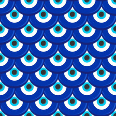 Evil eye seamless pattern. Symbol of protection in Turkey and Greece. Background with blue nazar talismans. Vector amulet