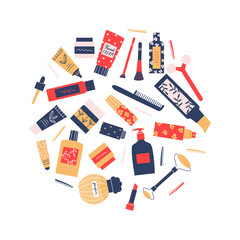 Round composition with woman cosmetics. Set of different beauty and wellness products. Vector flat illustration with care accessories