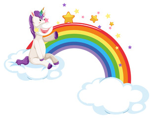 Unicorn sitting on a cloud with rainbow in cartoon style