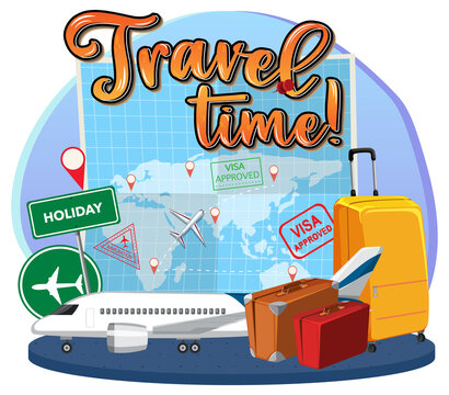 Travel Time typography logo with traveling objects