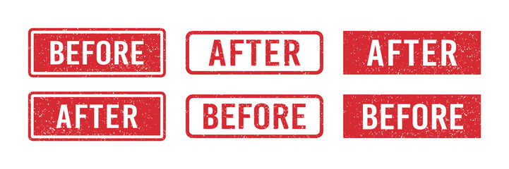 Before and after red grunge rubber stamps. Seals with words Before and After. Grunge vintage square labels. Set of vector illustrations isolated on white background.