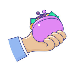 Human hand holding pink purse full of money. Male hand with small opened money wallet. Cash payments, earnings or salary, investments concept cartoon vector illustration isolated white background