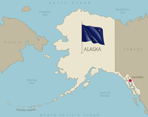 Alaska state highly detailed map with waving flag. Editable map of USA Federal State with territory borders, neighboring countries, and labelings vector illustration