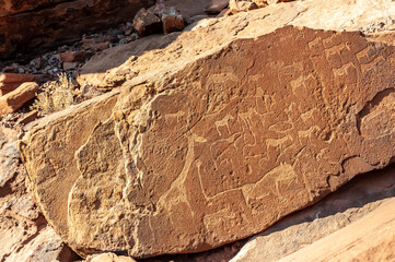 Detail of the prehistoric rock paintings of the San People in Western Namibia, near Twyfelfontein.