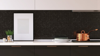 Mockup blank black picture frame on white marble counter with black tiles on wall in modern built in cupboard, sideboard kitchen. 3D render for poster frame template and product display.