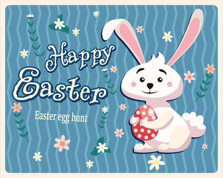 Retro Happy Easter poster. Greeting card with rabbit, bunny, egg. Vector illustration vintage