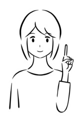 指を立ててポイントを説明している若い女性のモノクロ線画イラスト