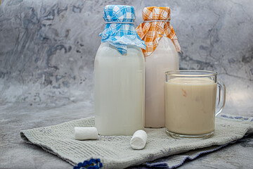 Kefir, fermented baked milk or yogurt with probiotics.