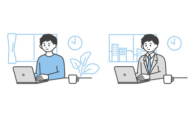 自宅で働く男性とオフィスで働く男性のイラスト素材