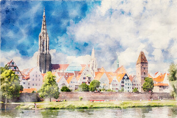 Fototapeta na wymiar Aquarell der Ulmer Stadtansicht mit dem Münster, der Altstadt und der Stadtmauer