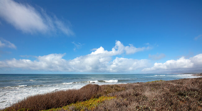 Hill bluff overlooking Pacific coast at Fiscalini Ranch Preserve on the Rugged Central California coastline at Cambria California United States