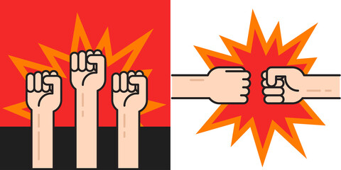 Fist hands raised up and bumping as revolution war concept vector or strong protestors fists punching as battle people conflict or fighting line outline illustration, anger propaganda debate symbol