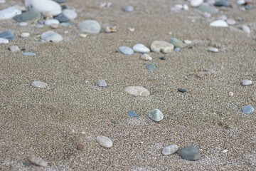Fototapeta na wymiar small stones lie on the sand on the shore