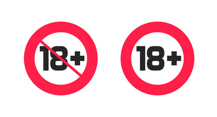 Icon of 18 plus age restriction sign vector of over eighteen years old adult limit censored content only warning symbol, 18+ alert permission access red label, prohibition or forbidden information - obrazy, fototapety, plakaty