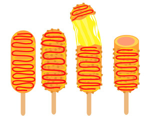 Corndog with ketchup, mustard and cheese.Korean street food.Hot dogs with sausage.American cuisine.Sign, symbol, icon or logo isolated.Cartoon vector illustration.Flat design.Menu for restaurants.