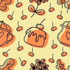 Cake with cherry seamless pattern. Cake sweet dessert for holiday. Vector illustration