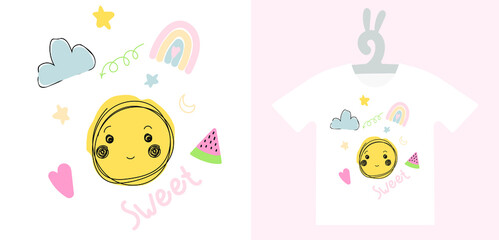 Modern kids print for textiles, prints, wall art. Baby Prints on T-shirts, pajamas, sweatshirts, kids fashion. Hand Drawn Nursery Art. Isolated vector illustration